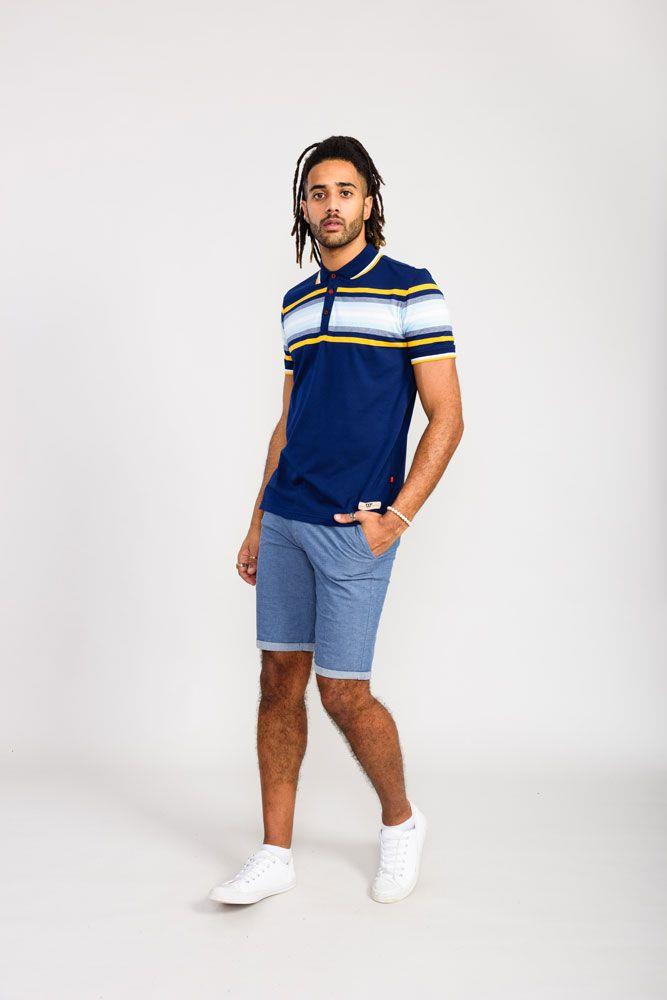 D555 Men's PELDON Chest Stripe Jersey Polo Shirt in Denim Marl 2XL to 6XL