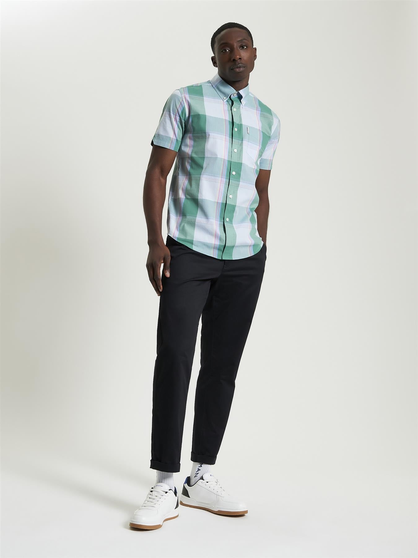 Ben Sherman Overcheck Short Sleeve Shirt For Men in Forest, 2XL-5XL