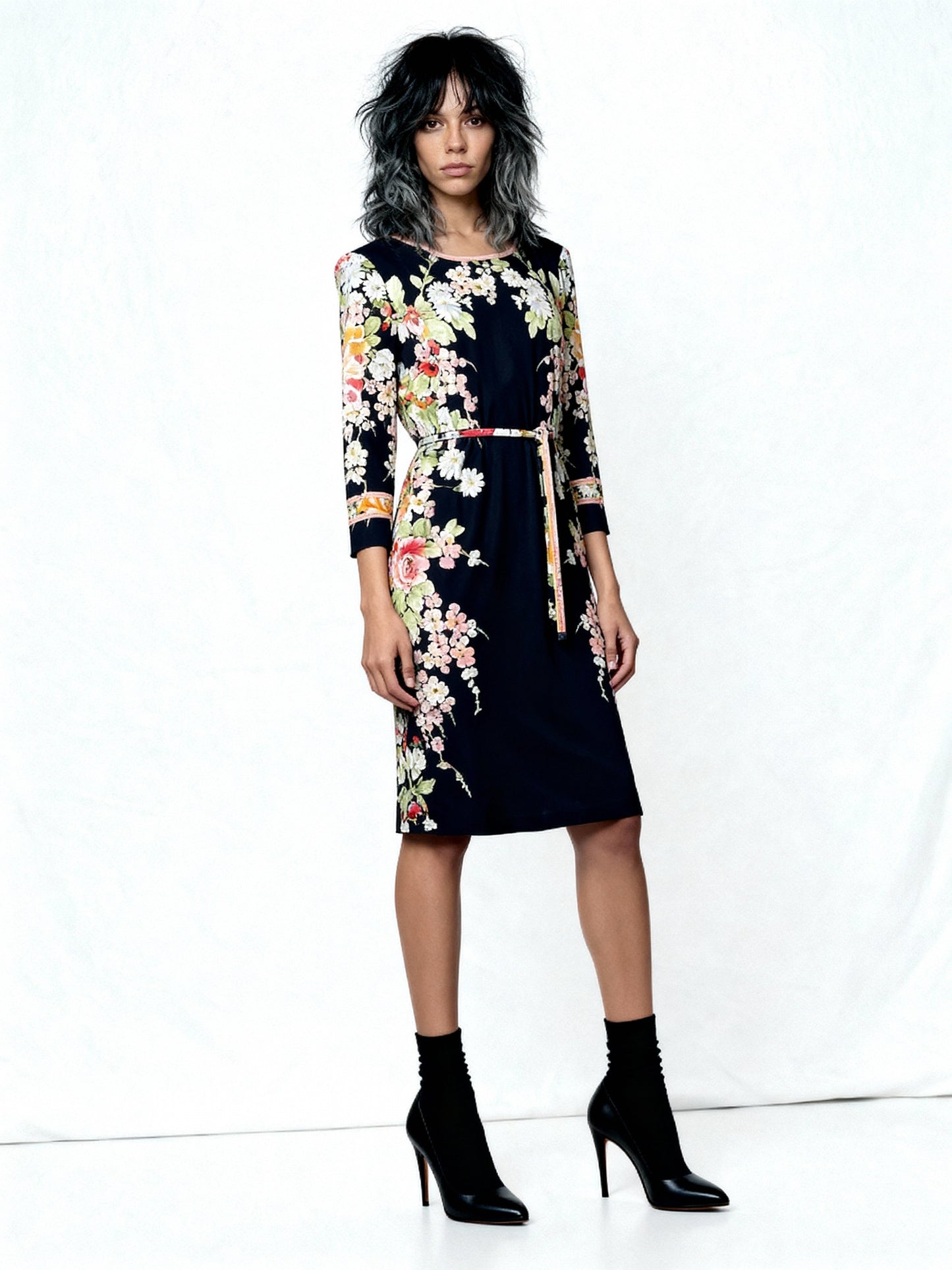 1980'S Original Vintage Black Leonard Floral Silk Dress Uk 10 - 12