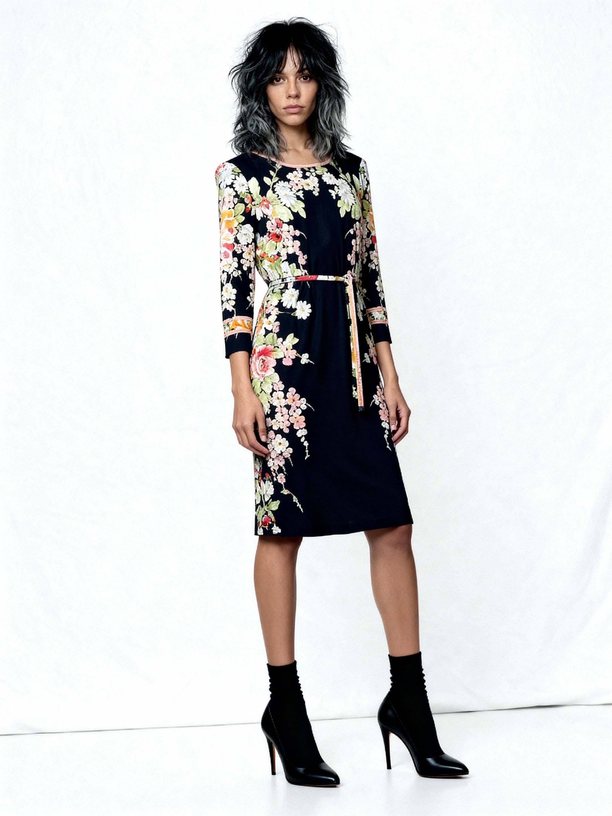 1980'S Original Vintage Black Leonard Floral Silk Dress Uk 10 - 12