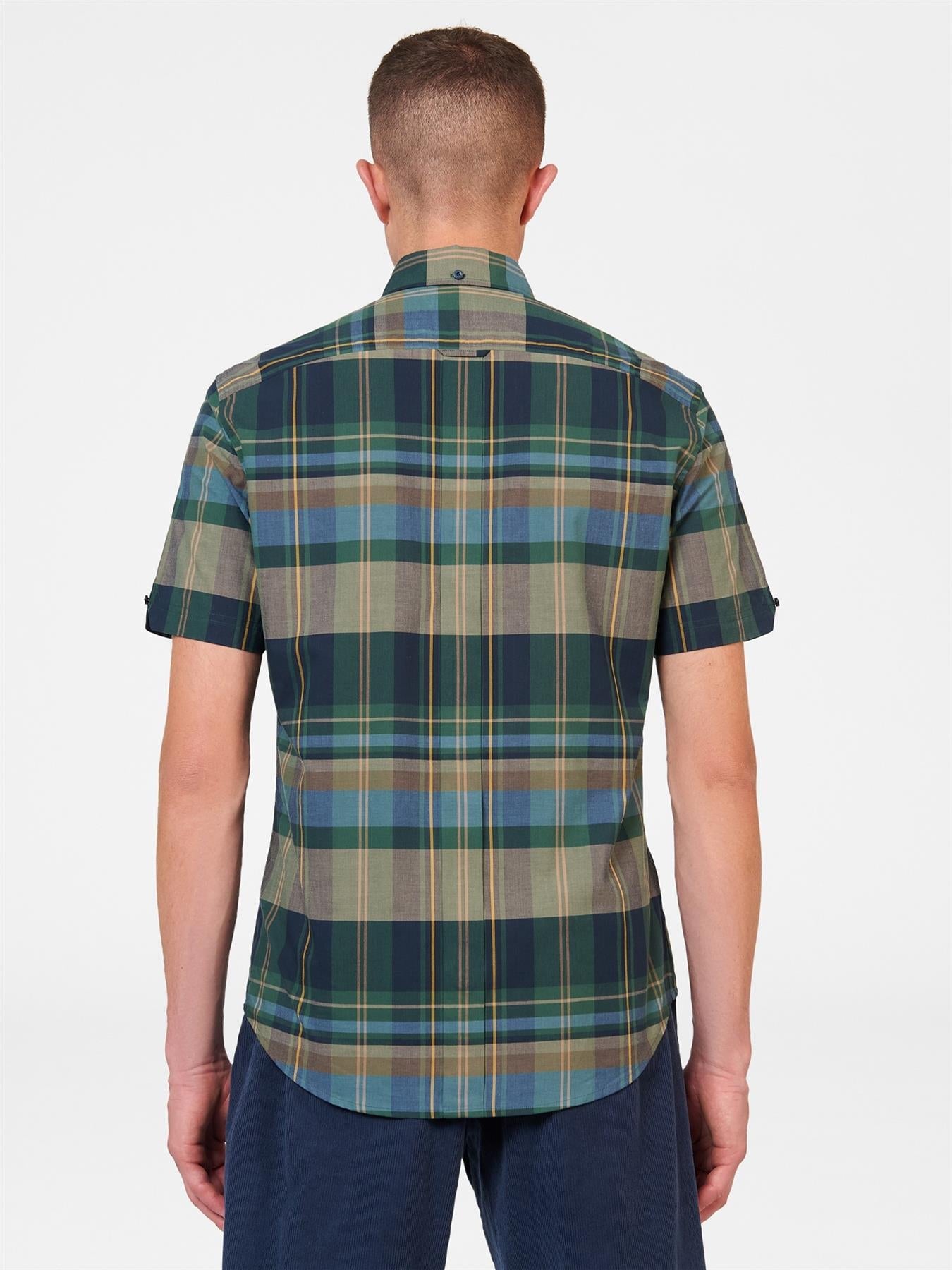 Ben Sherman Men's Short Sleeve Tartan Check in Green Cotton Shirt Size 2Xl-5Xl