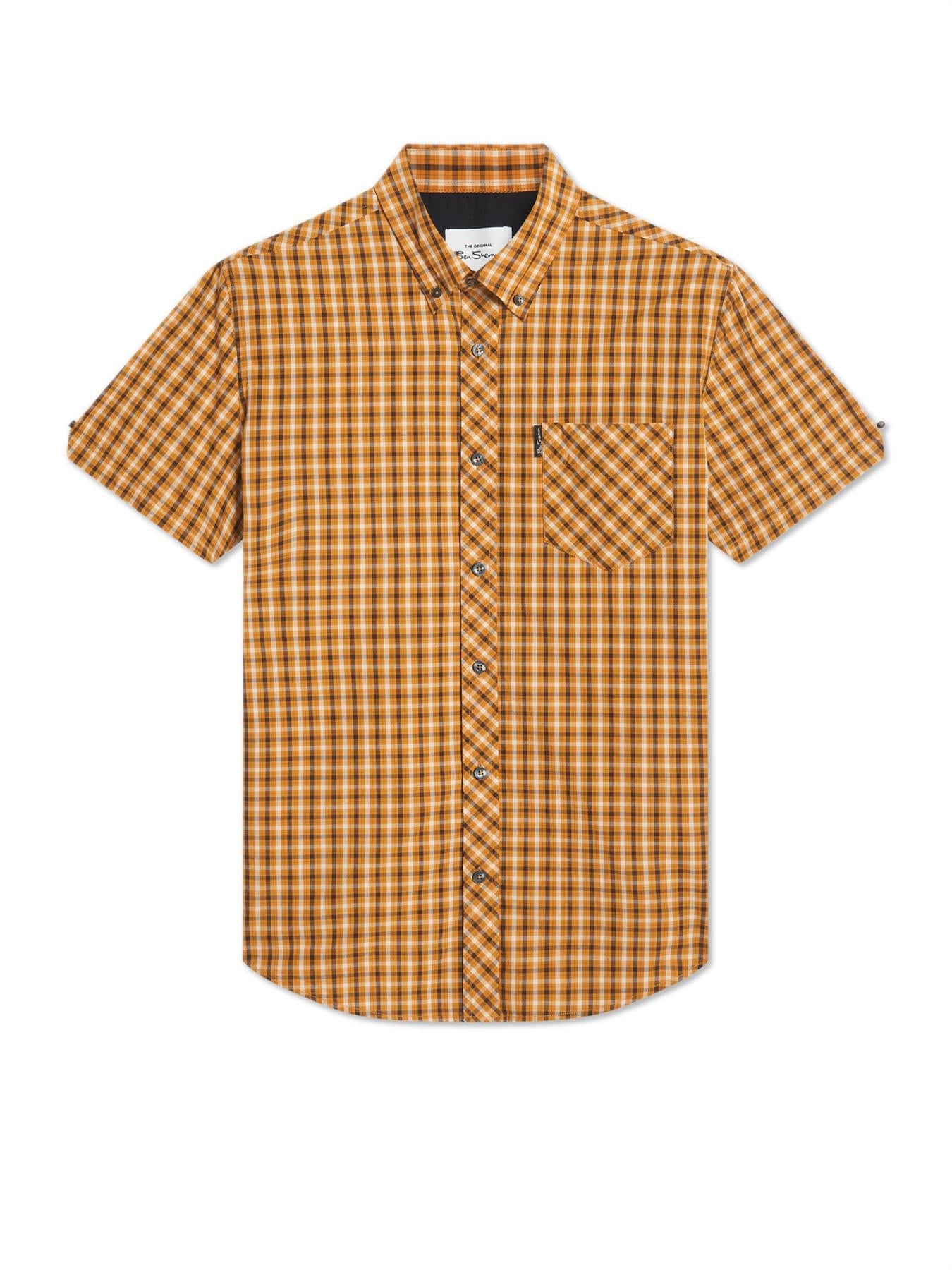 Ben Sherman Men's Short Sleeve Signature House Check Shirt in Mustard, Sizes 2XL to 5XL