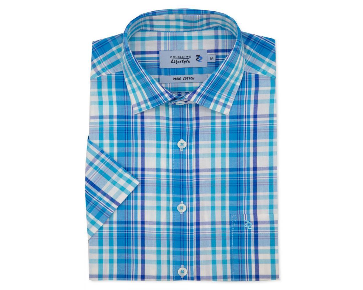 Double Two Life Style Men's Pure Cotton Short Sleeve Blue Window Check Shirt (1037A) 2XL-5XL