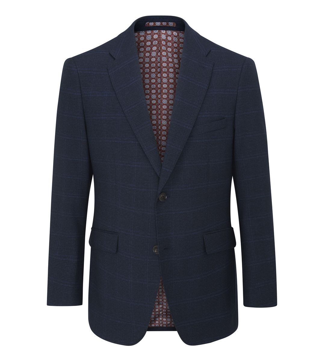 Skopes Hewes Suit Tailored Fit Jacket For Men in Navy Blue Self Check, 36S to 62L