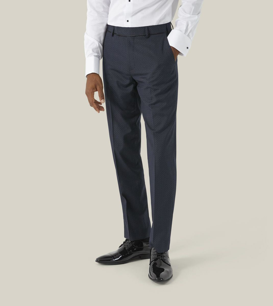 Skopes Cuba Dinner Suit Tailored Fit Trousers For Men in Navy Blue Geo, 30W to 58W