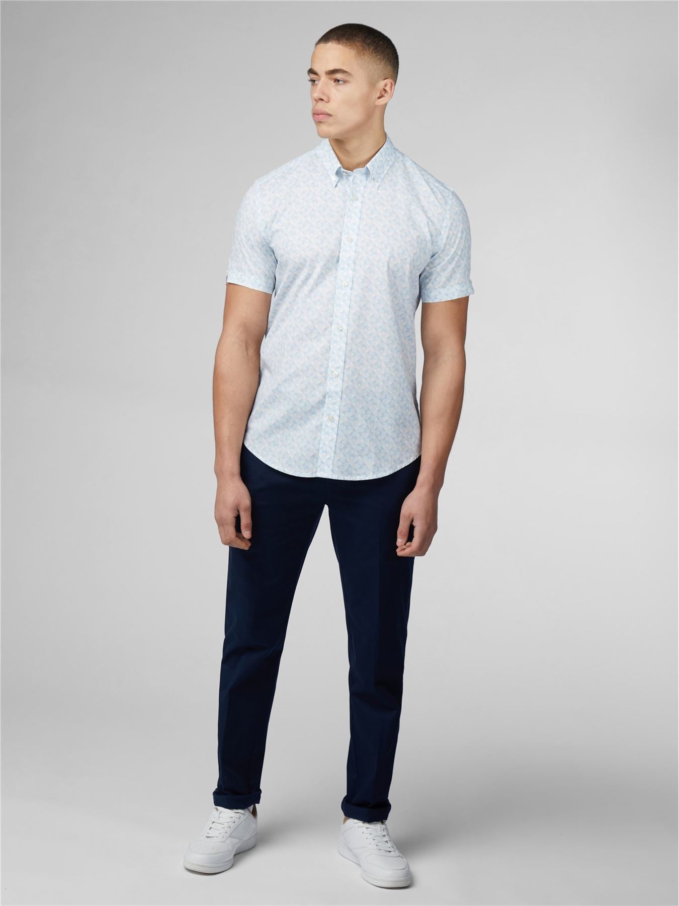 Ben Sherman Signature Optic Geo Print Short Sleeve Shirt for Mens (0075907) in Snow White, 2XL-5XL