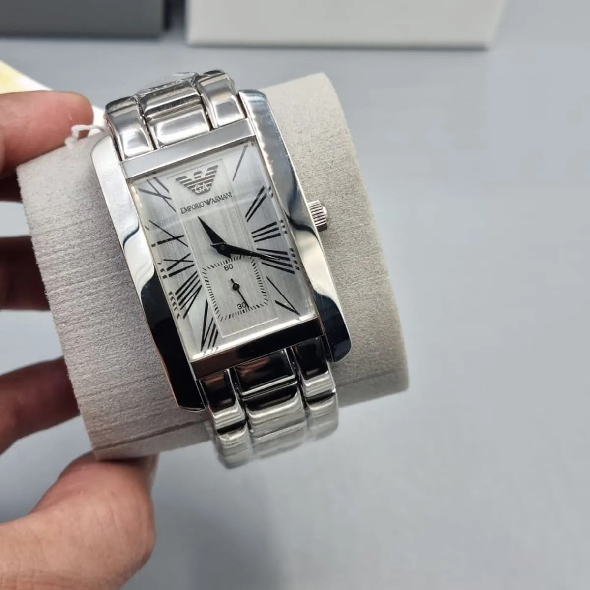 Emporio Armani Men’s Watch Stainless Steel Silver Strap With White Dial AR0145 Classic Rectangle