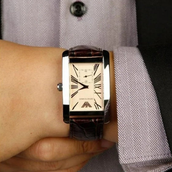 Emporio Armani Men’s Watch Leather Brown Strap With Beige Dial And Silver Case AR0154 Classic
