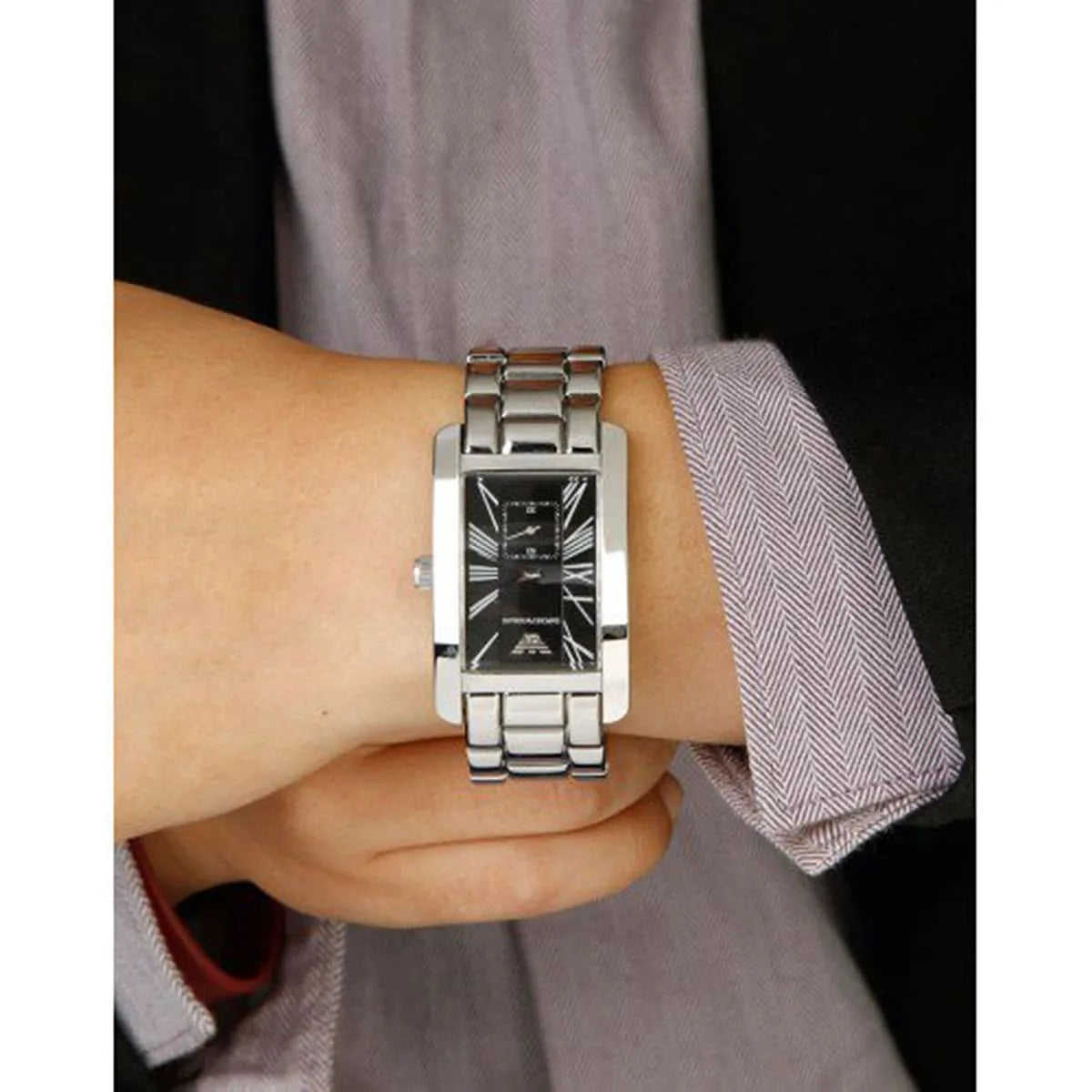 Emporio Armani Men’s Watch Stainless Steel Silver Strap With Black Dial Rectangular Classic AR0156