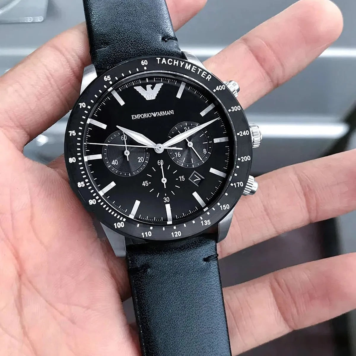 Emporio Armani Men's Watch Black Leather Strap With Black Dial AR11243 Mario