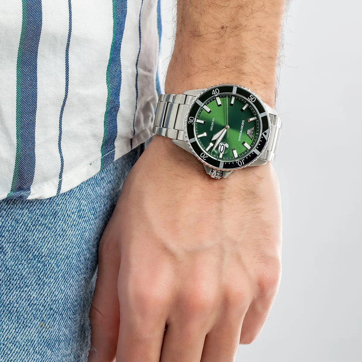 Emporio Armani Men's Watch Stainless Steel Silver Strap & Green Dial AR11338 Diver