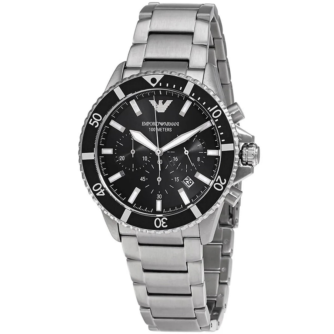 Emporio Armani Men's Watch Stainless Steel Silver Bracelet & Black Dial AR11360 Diver