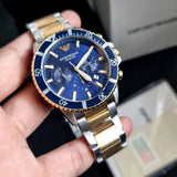 Emporio Armani Men's Watch Stainless Steel Silver & Yellow Gold Strap With Blue Dial AR11362 Diver