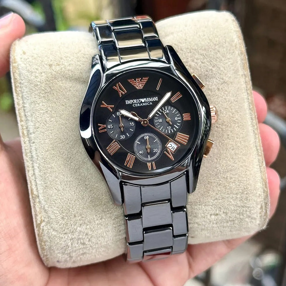 Emporio Armani Women’s Watch Ceramic Black Strap With Black Dial And Rose Gold Tone AR1411
