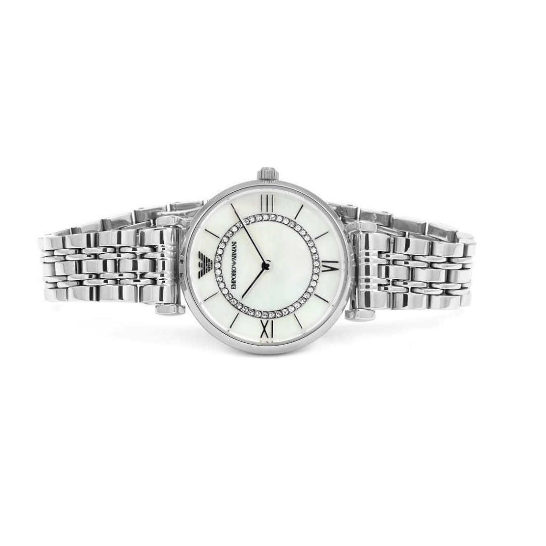 Emporio Armani Women’s Watch Stainless Steel Silver Strap With Mother of Pearl Dial AR1908 Gianni T-Bar