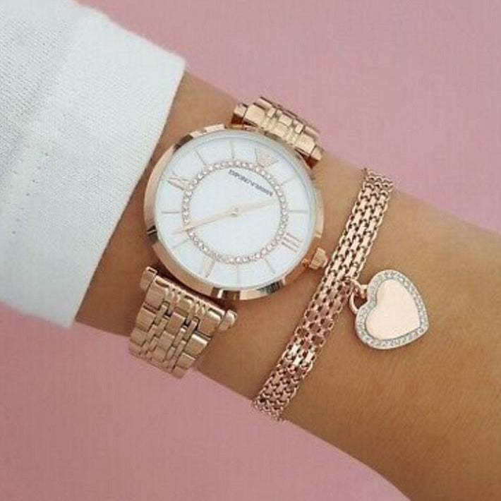 Emporio Armani Women’s Watch Stainless Steel Rose Gold Strap With Mother of Pearl Dial AR1909 Gianni T-Bar