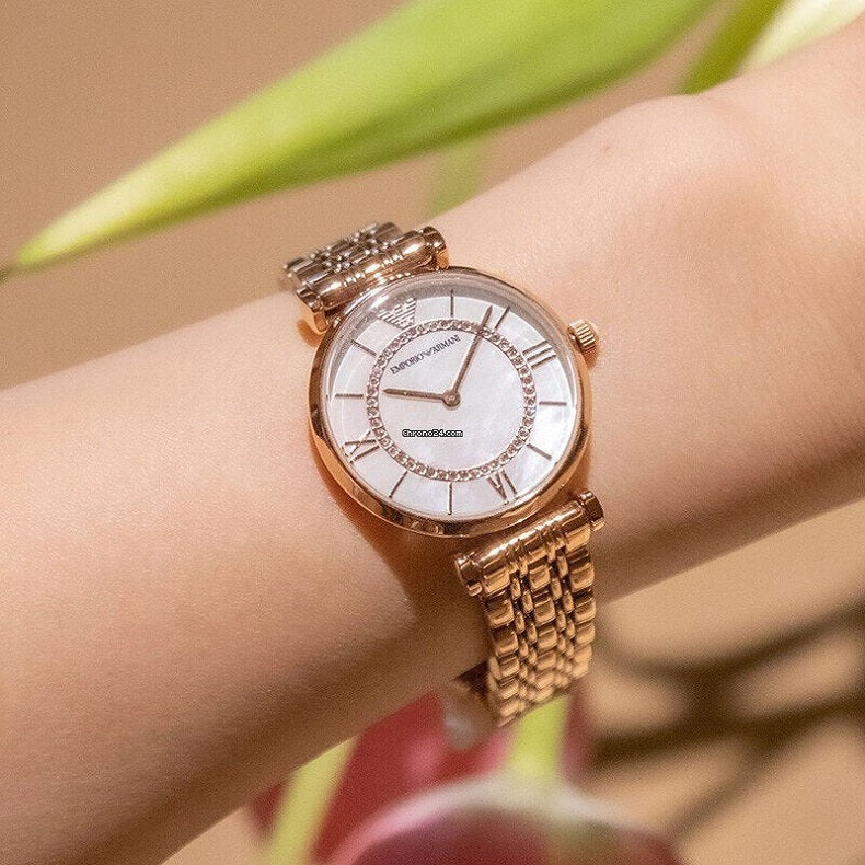 Emporio Armani Women’s Watch Stainless Steel Rose Gold Strap With Mother of Pearl Dial AR1909 Gianni T-Bar