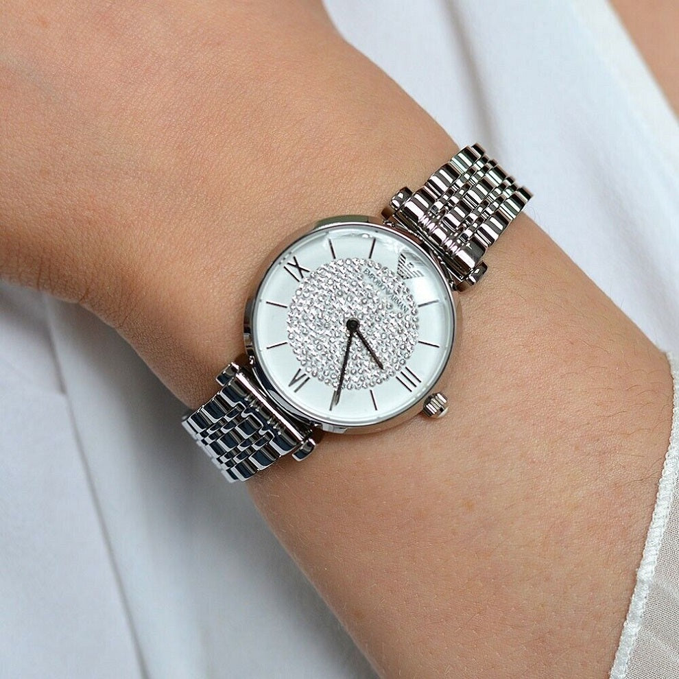 Emporio Armani Women’s Watch Stainless Steel Silver Strap With Crystal Pave White Dial AR1925 Gianni T-Bar