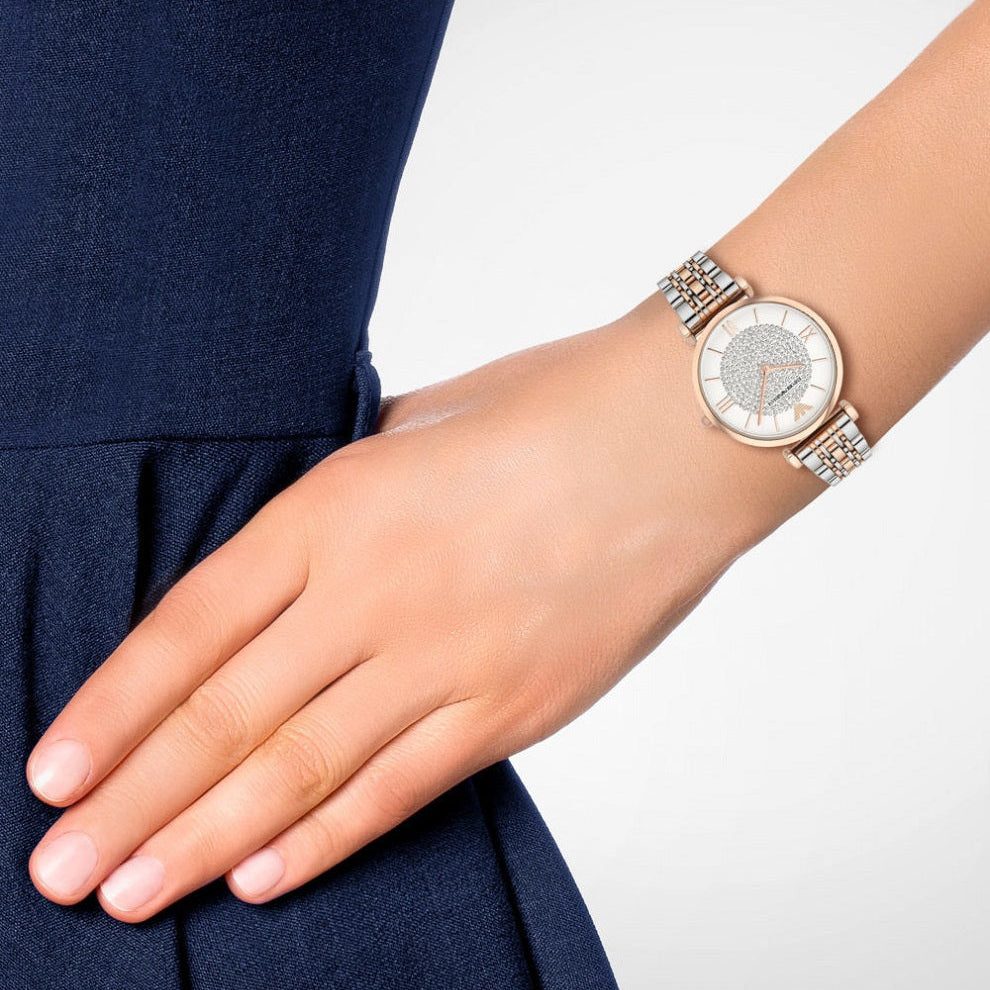 Emporio Armani Women’s Watch Stainless Steel Two Tone Strap & Crystal Pave White Dial AR1926 Gianni T-Bar