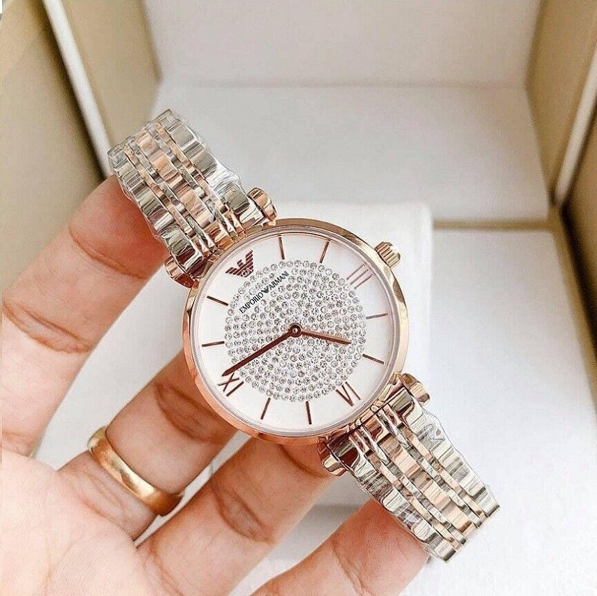Emporio Armani Women’s Watch Stainless Steel Two Tone Strap & Crystal Pave White Dial AR1926 Gianni T-Bar