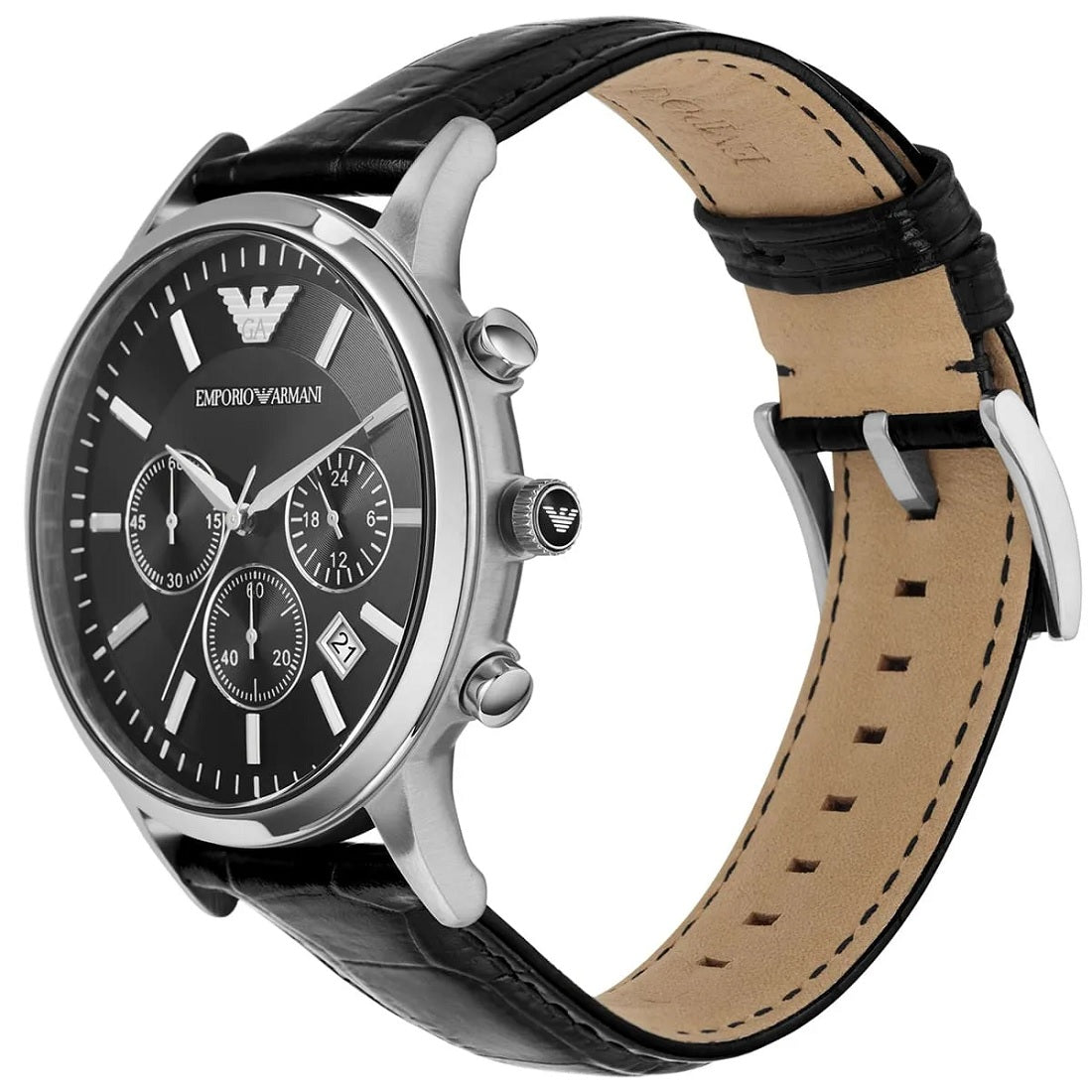 Emporio Armani Men’s Watch Leather Black Strap With Black Dial And Silver Case AR2447 Renato
