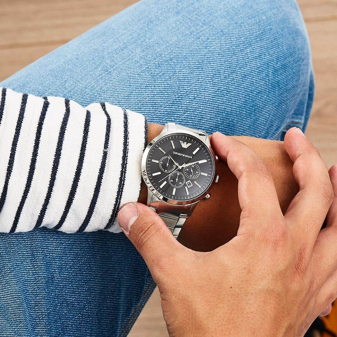 Emporio Armani Men’s Watch Stainless Steel Silver Bracelet With Black Dial AR2460 Renato