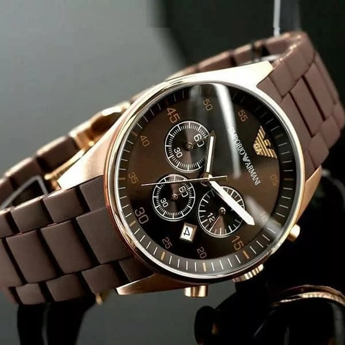 Emporio Armani Men’s Watch Silicone Brown Strap With Brown Dial And Rose Gold Case AR5890 Sportivo