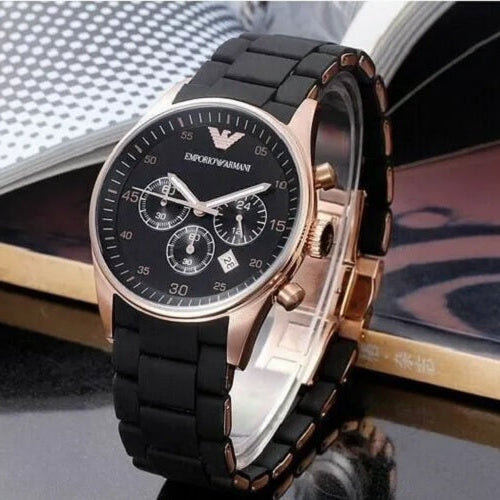 Emporio Armani Men's Watch Silicone Black Strap With Black Dial And Rose Gold Case AR5905 Sportivo