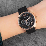 Emporio Armani Women's Watch Silicone Black Strap With Black Dial And Rose Gold Case AR5906 Sportivo