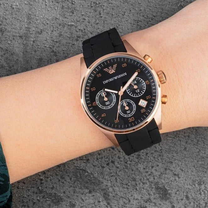 Emporio Armani Women's Watch Silicone Black Strap With Black Dial And Rose Gold Case AR5906 Sportivo