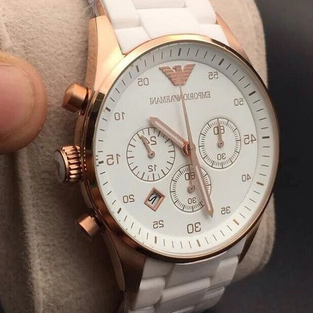 Emporio Armani Mens Watch Silicone White Strap with White Dial and Gold Case AR5919 Sportivo