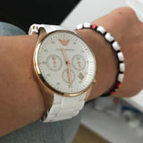 Emporio Armani Women's Watch Silicone White Strap With White Dial And Rose Gold Case AR5920 Sportivo