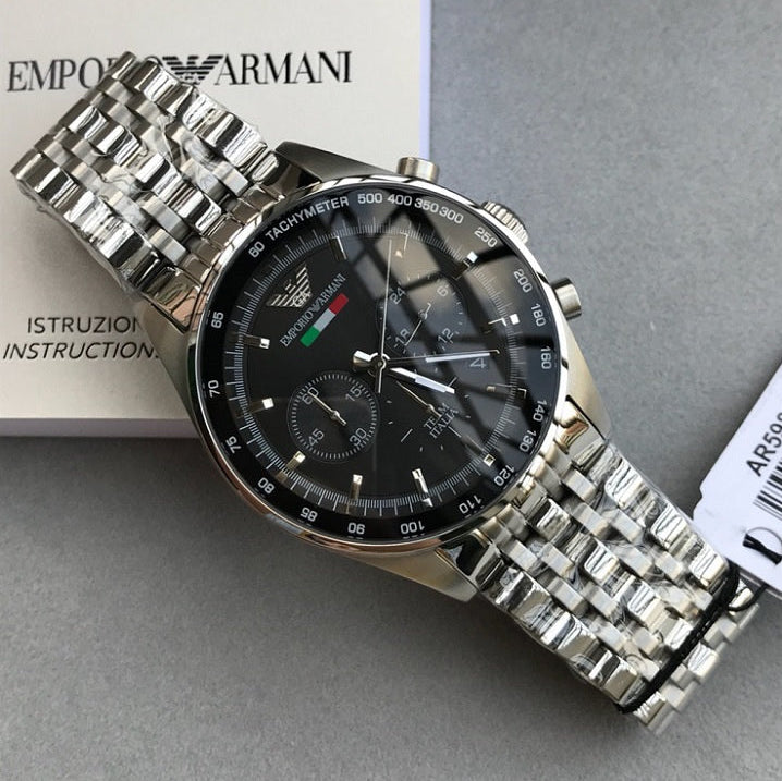 Emporio Armani Men's Watch Stainless Steel Silver Strap With Black Dial  AR5983 Tazio