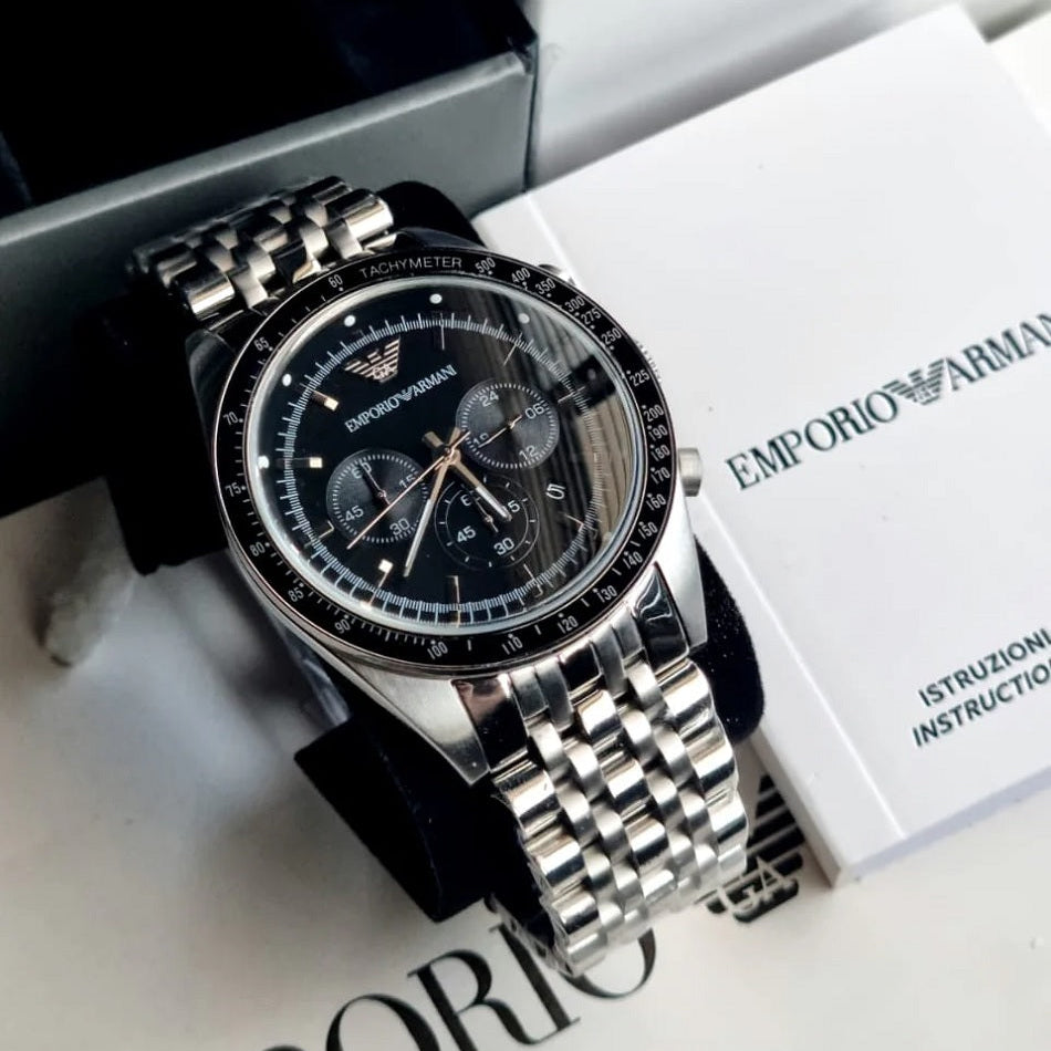 Emporio Armani Men's Watch Stainless Steel Silver Strap With Black Dial AR5988 Sportivo