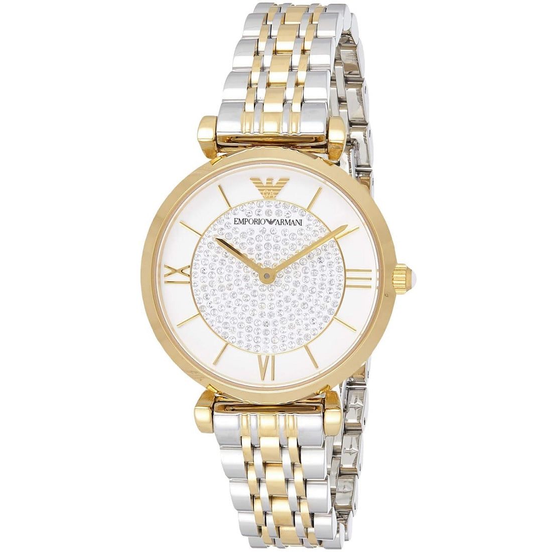 Emporio Armani Women's Watch Stainless Steel Silver & God Tone Strap White Pave Crystal White Dial AR8031 Gianni T-Bar
