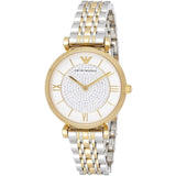 Emporio Armani Women's Watch Stainless Steel Silver & God Tone Strap White Pave Crystal White Dial AR8031 Gianni T-Bar