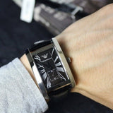 Emporio Armani Men's Watch Leather Black Strap With Black Dial And Silver Case AR0143 Classic Rectangle