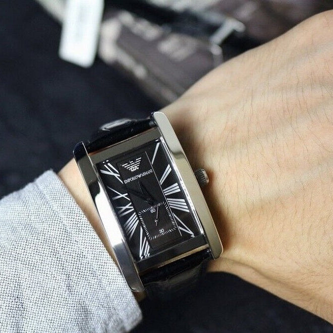 Emporio Armani Men's Watch Leather Black Strap With Black Dial And Silver Case AR0143 Classic Rectangle