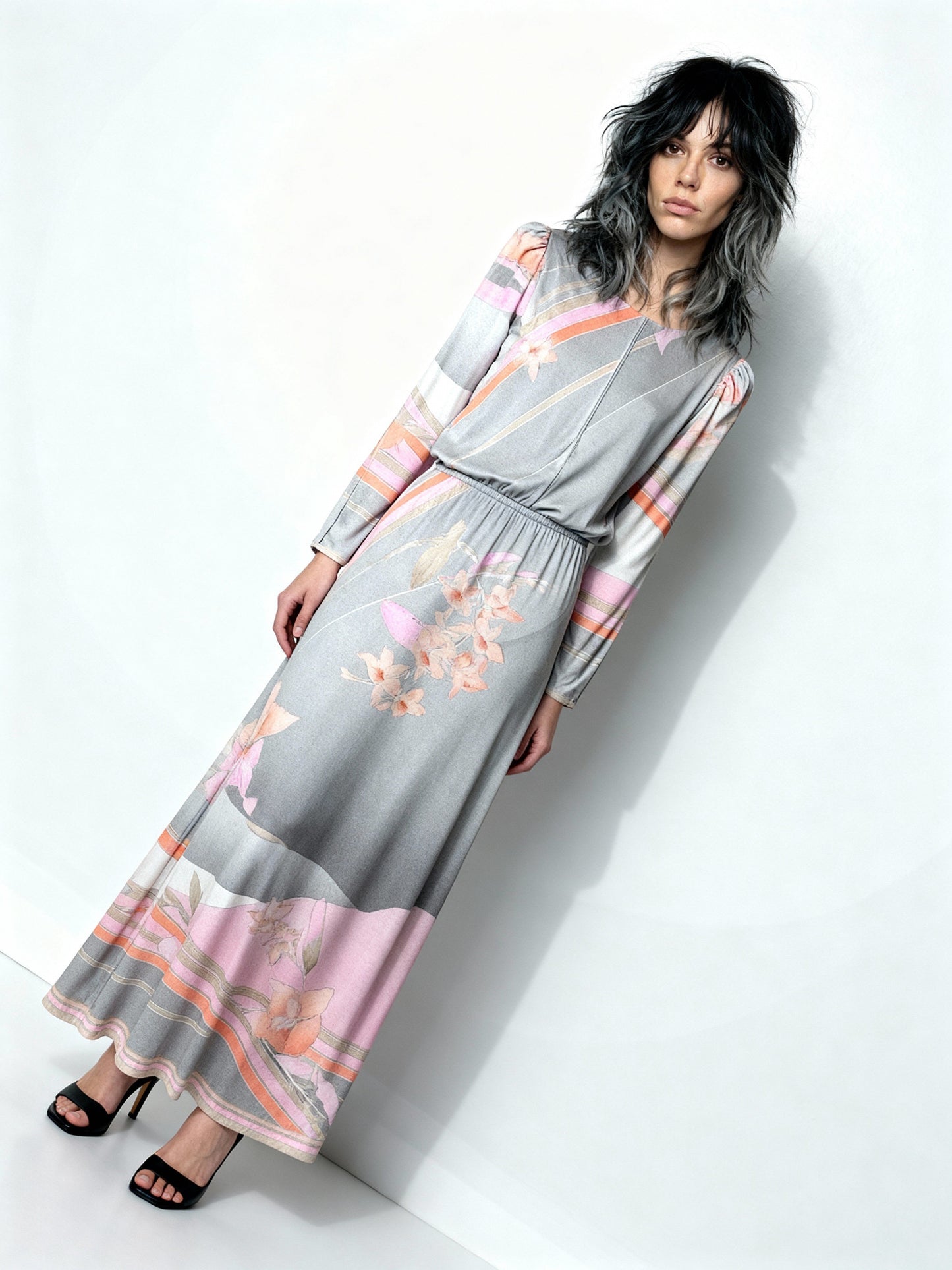 1970's Original Vintage Grey Leonard Floral Maxi Dress UK 10 -12