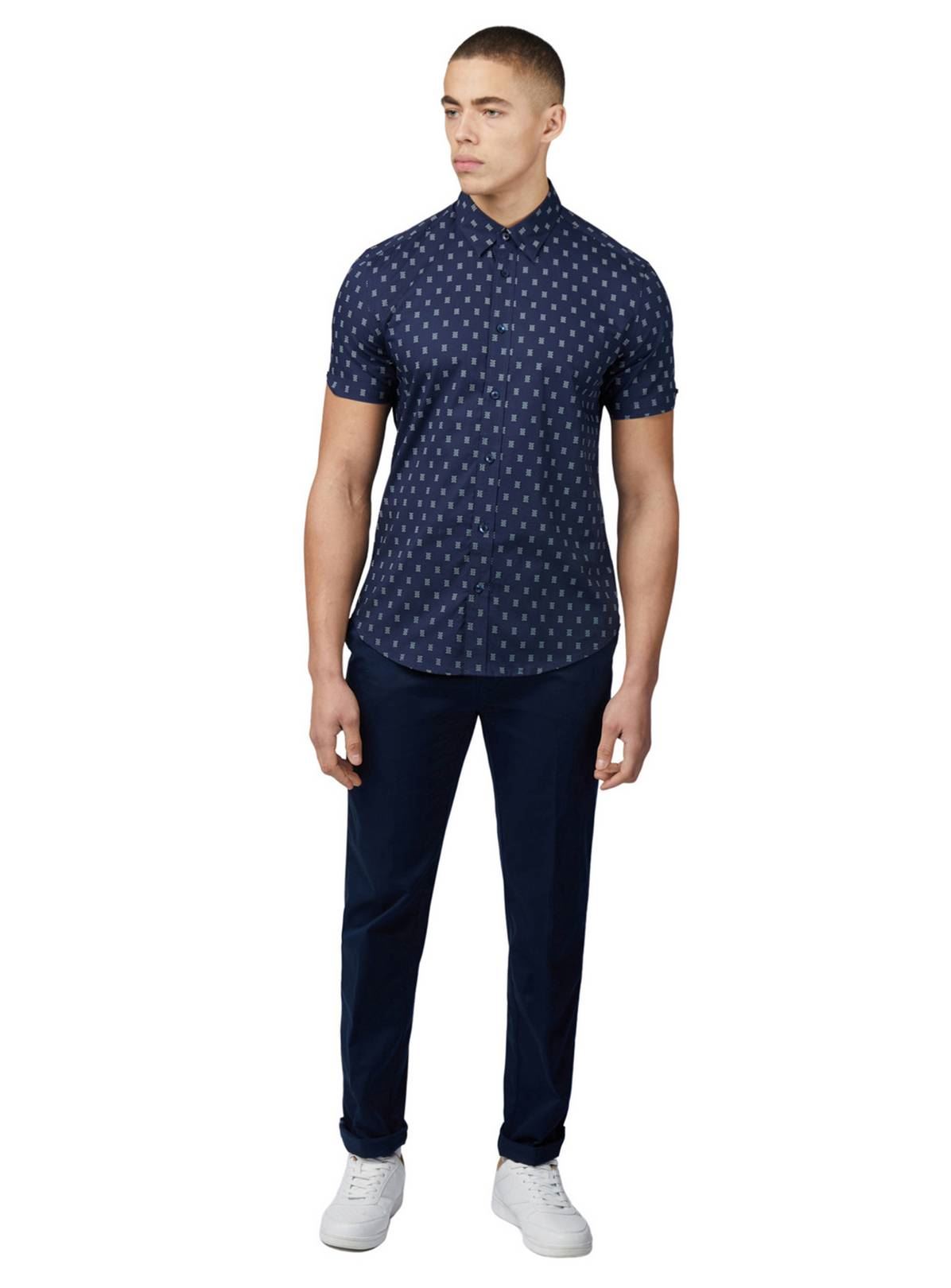 Ben Sherman Stipple Geo Print Short Sleeve Shirt For Mens (0075906) in Dark Navy, 2XL-5XL
