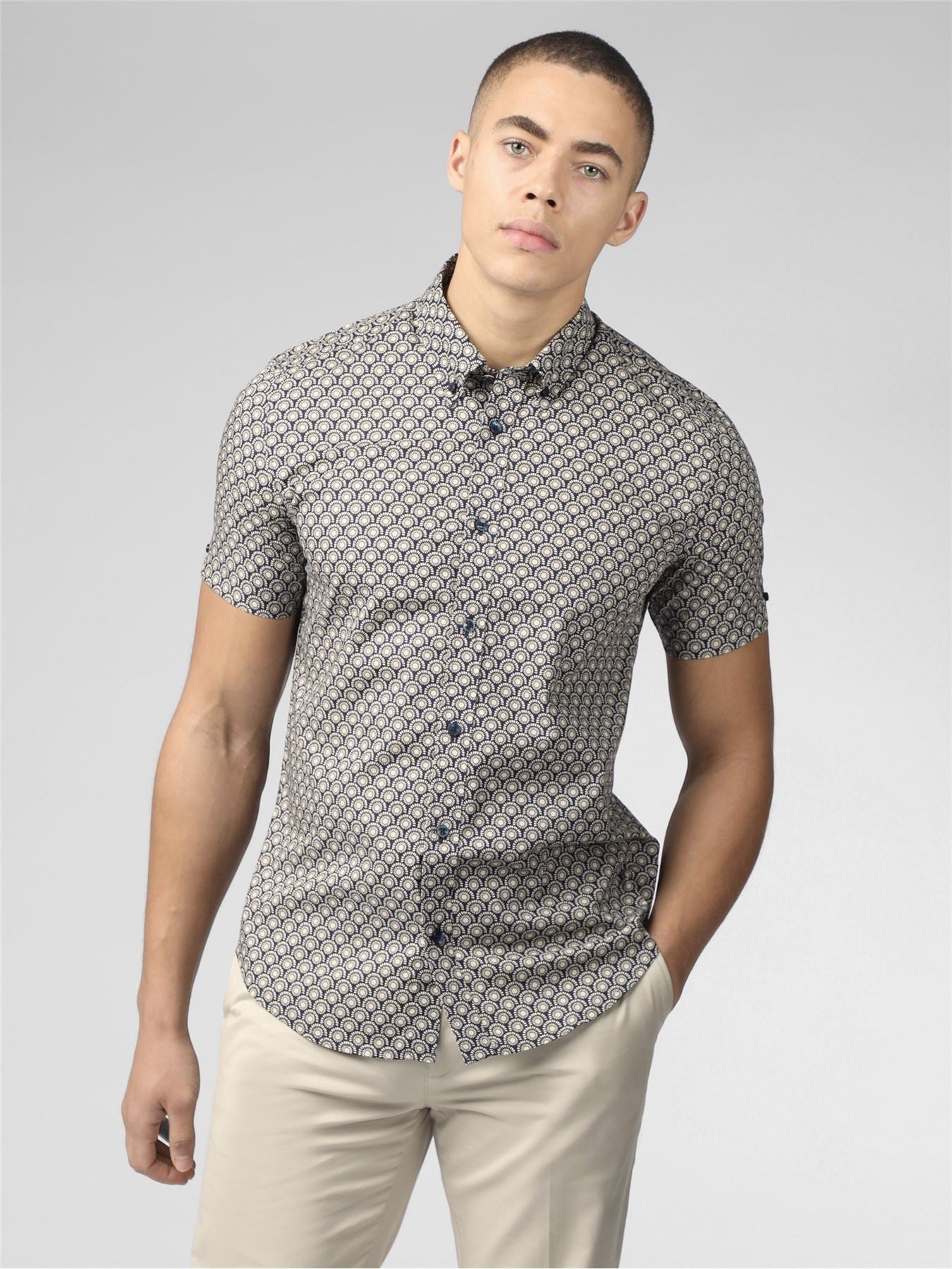 Ben Sherman Signature Block Geo Print Short Sleeve Shirt for Mens (0075908) in Blue Ink, 2XL-5XL
