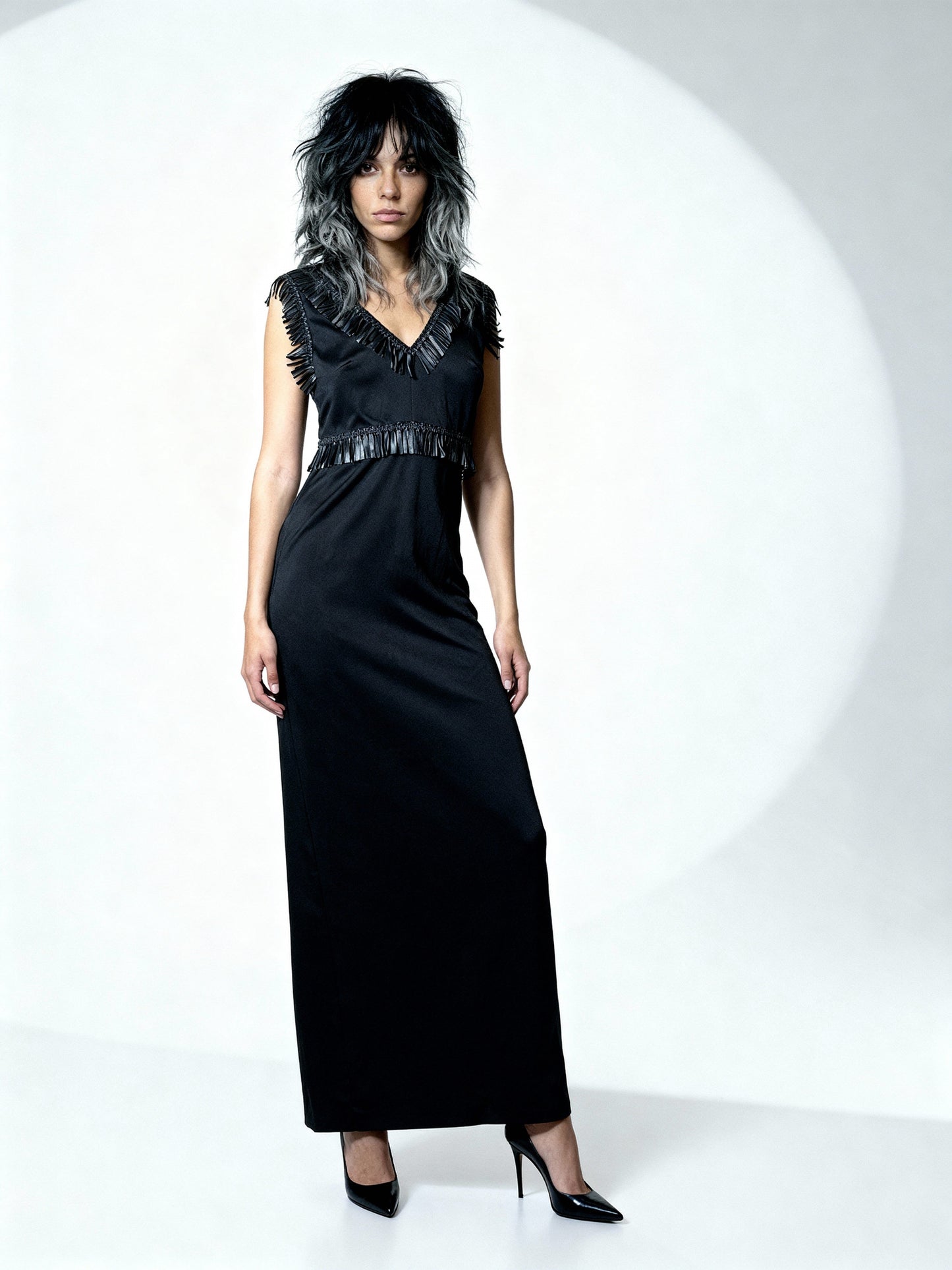 Unique Original Vintage 1970's Black & Faux Leather Detailed Maxi Dress UK 14 - 16