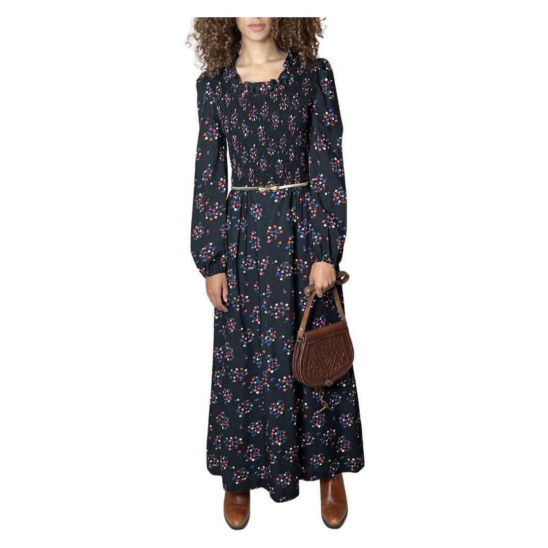 Original 1970's Vintage Black Maxi Dress With Floral Print UK 10 - 12