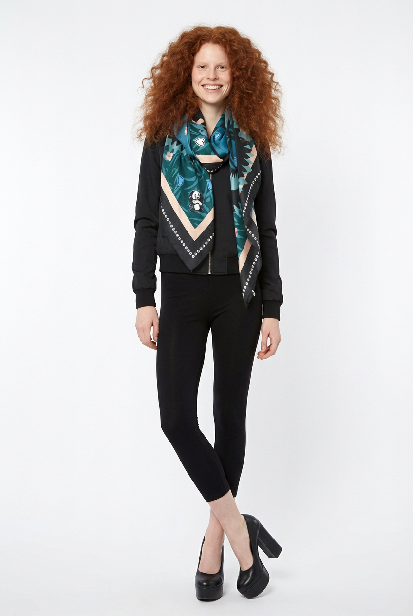 VASSILISA Scarf in Teal Colour: Panda and Emoji Print