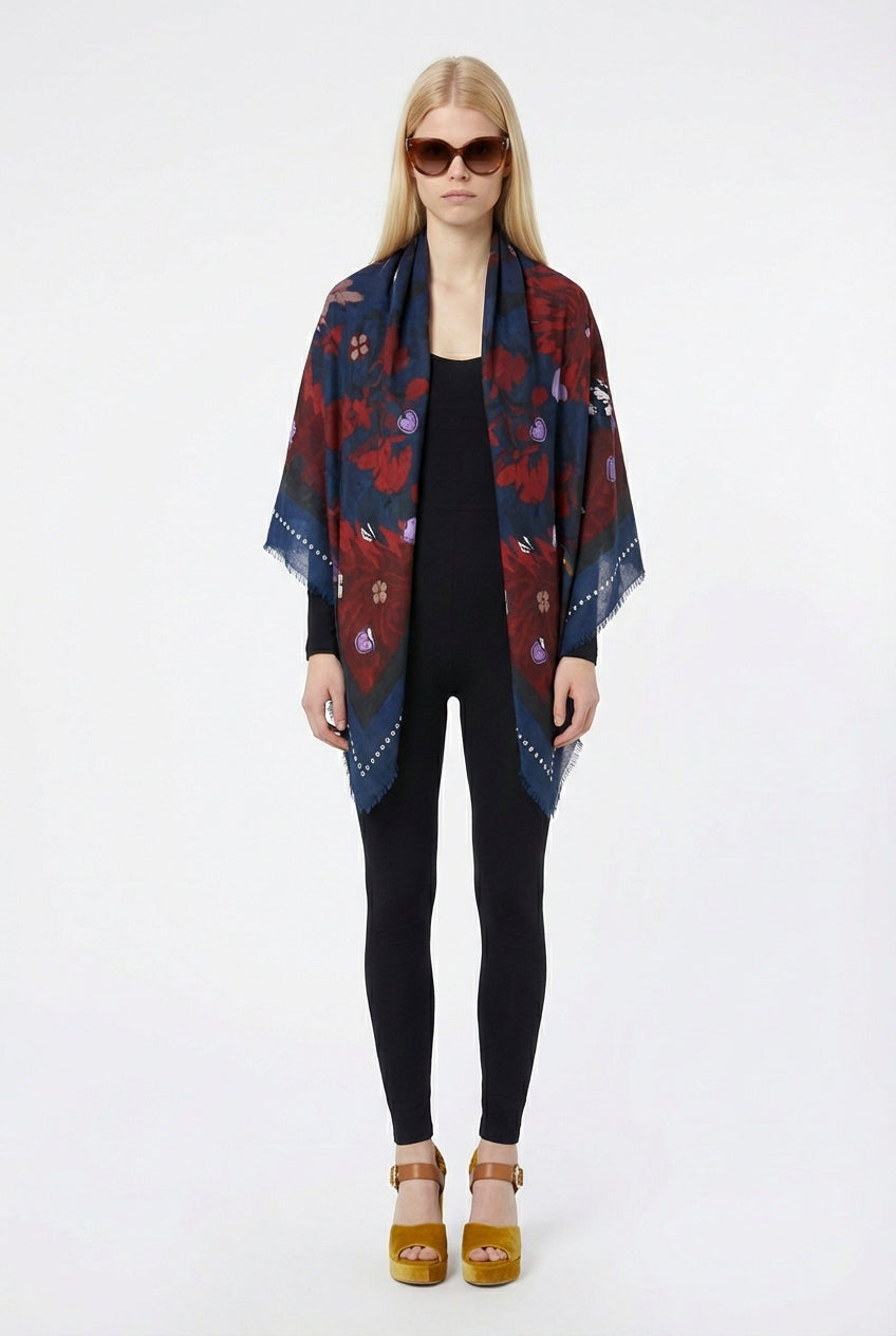 VASSILISA Scarf in Burgundy Colour: Panda and Emoji Print