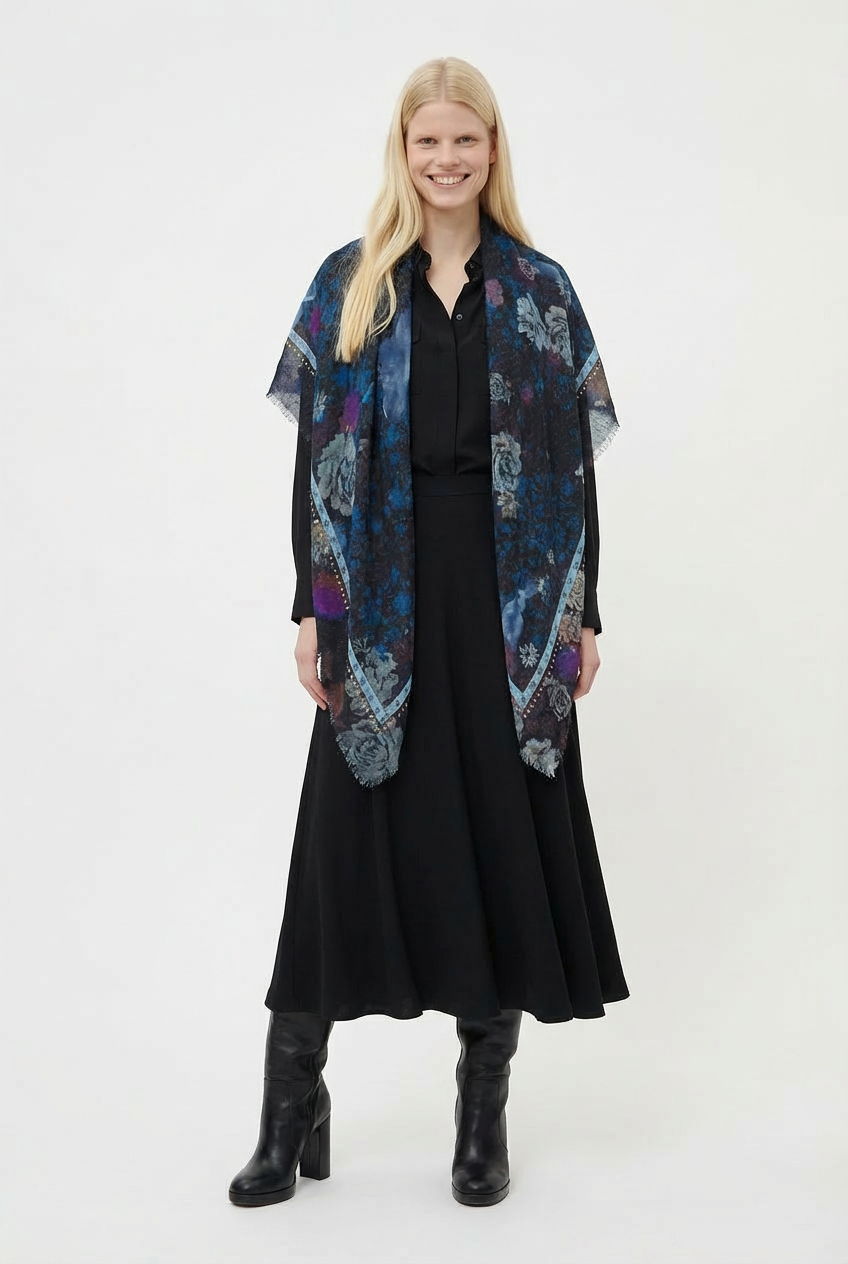 VASSILISA Scarf in Midnight Blue Colour: Bunnies and Florals Print