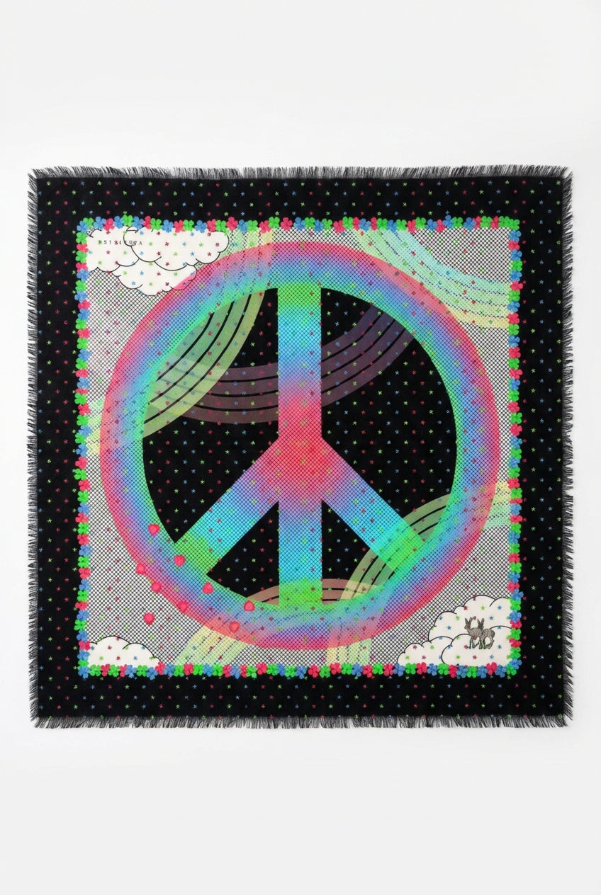 VASSILISA Scarf in Black, Pink and Green: Peace & Rainbow Print