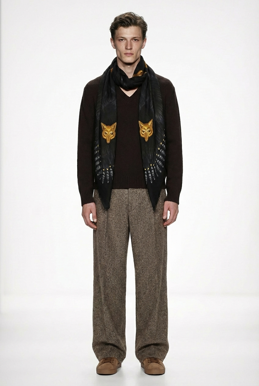 VASSILISA Scarf in Black Colour: Fur and Wolves Masks Print
