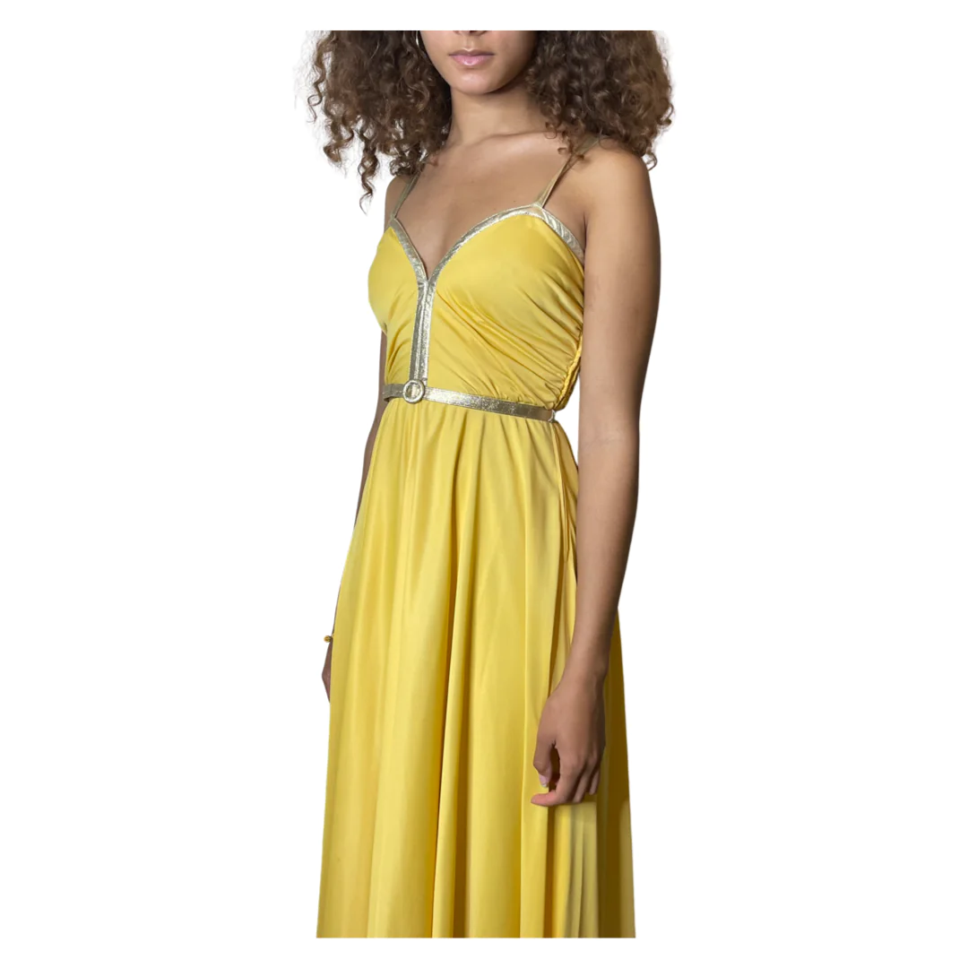 Original 1970'S Vintage Yellow & Gold Strap Maxi Dress