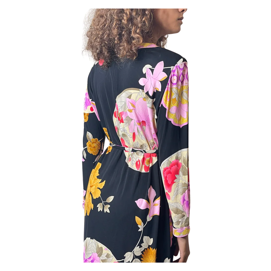 1980'S Original Vintage Black Leonard Floral Silk Dress Uk 10 - 12